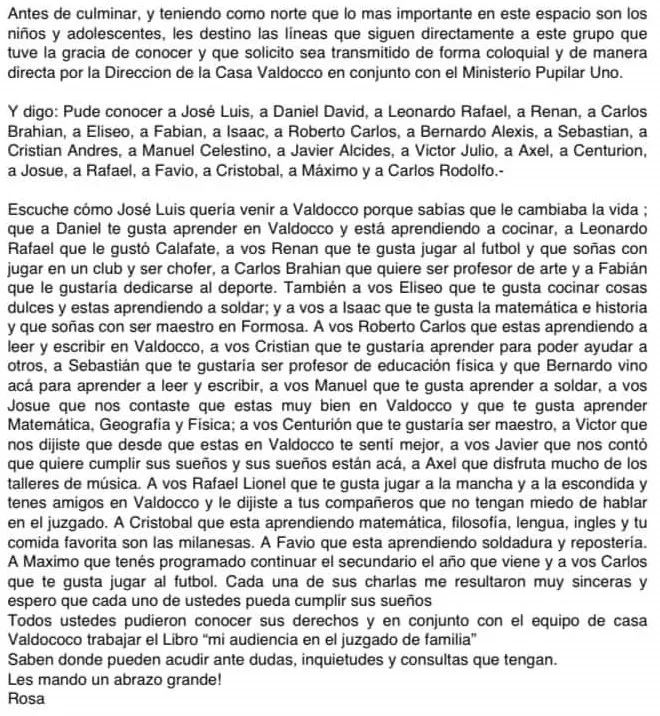 Valdocco carta jueza