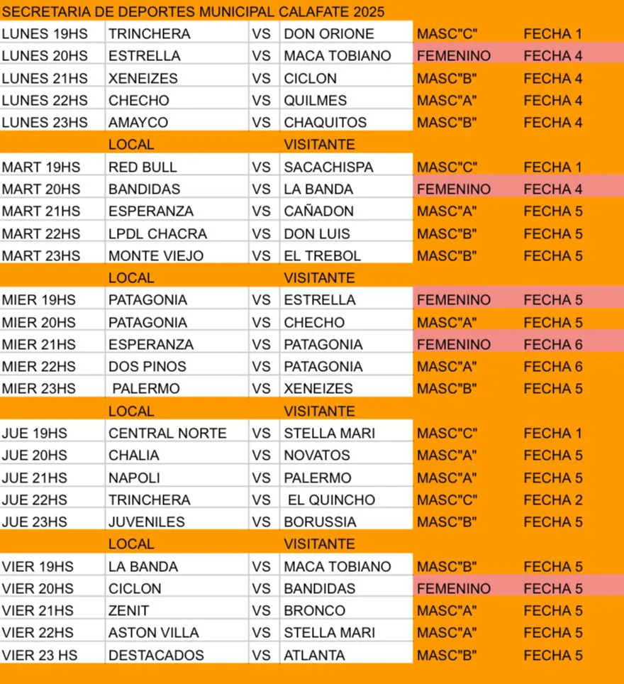 Cronograma Futsal del 8 al 12 Sept