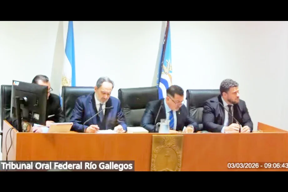 El Tribunal Oral Federal de Río Gallegos está conformado por los jueces Mario Reynaldi, Enrique Baronetto y Luis Alberto Giménez. Foto- captura de Zoom  