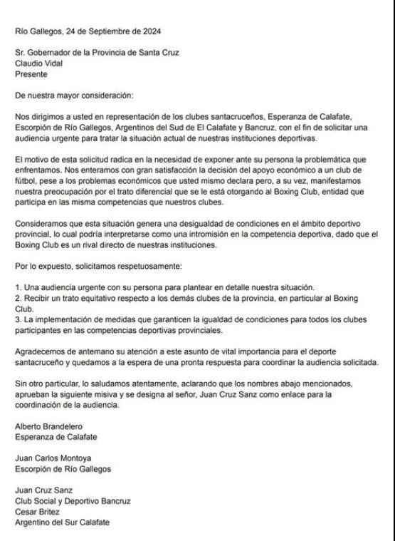 Carta de clubes a Gobierno